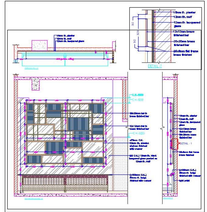 Interior Feature Wall CAD Drawing- Veneer, Glass, Brass, Wood